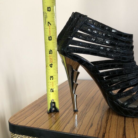 John Richmond Black Leather Strap Stilettos w/ Chrome Heels Size 38 US 7 ½ - Picture 9 of 9